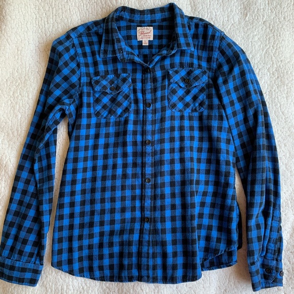 Black-Blue Buffalo Plaid Uniqlo Button Up Flannel - Picture 4 of 12